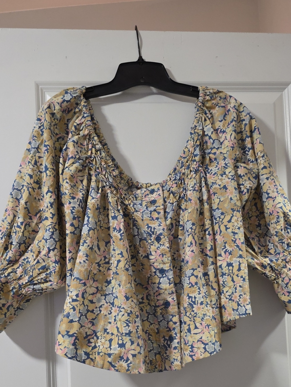 Free People Yellow and Blue Floral Peasant Top